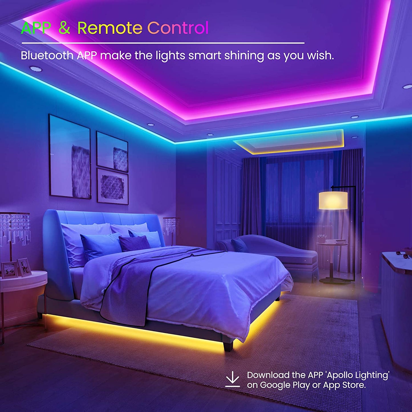 50FT Bluetooth LED Strip Lights – Colour-Changing, Music-Sync Magic with App & Remote