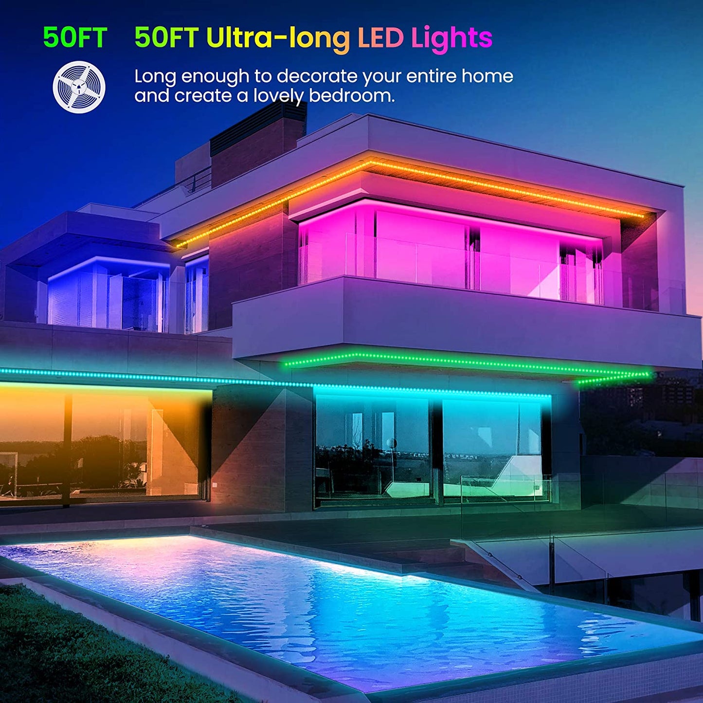 50FT Bluetooth LED Strip Lights – Colour-Changing, Music-Sync Magic with App & Remote