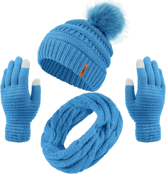 CozyChic Winter Set – Pom-Pom Beanie, Scarf & Touchscreen Gloves